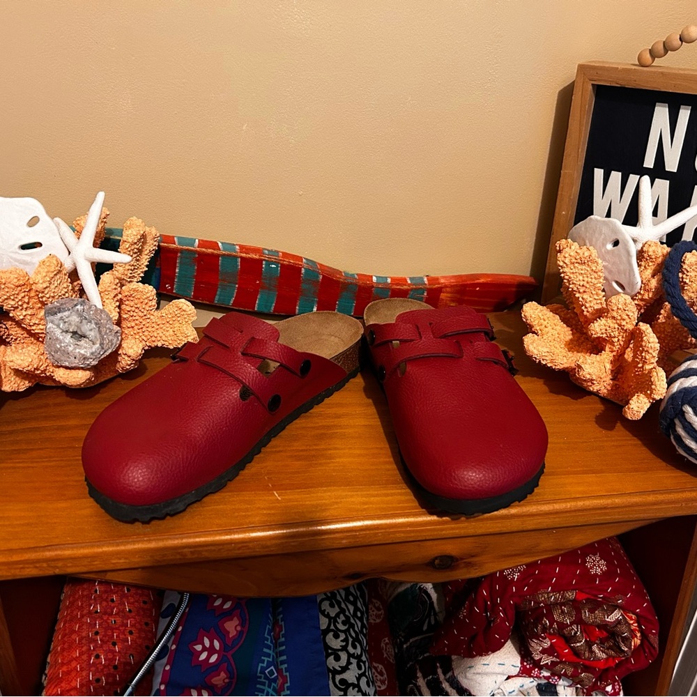 Birkenstock Red Leather Slip-On Clogs with Adjustable - Picture 2 of 4